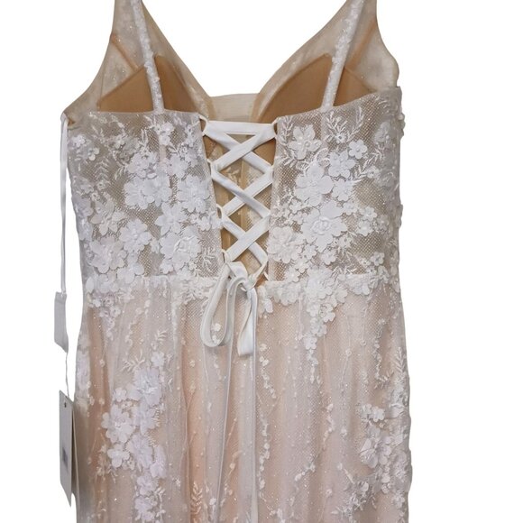 NEW Mac Duggal Glitter Floral Applique Column Evening Gown Ivory Size 12 Wedding - Picture 5 of 16